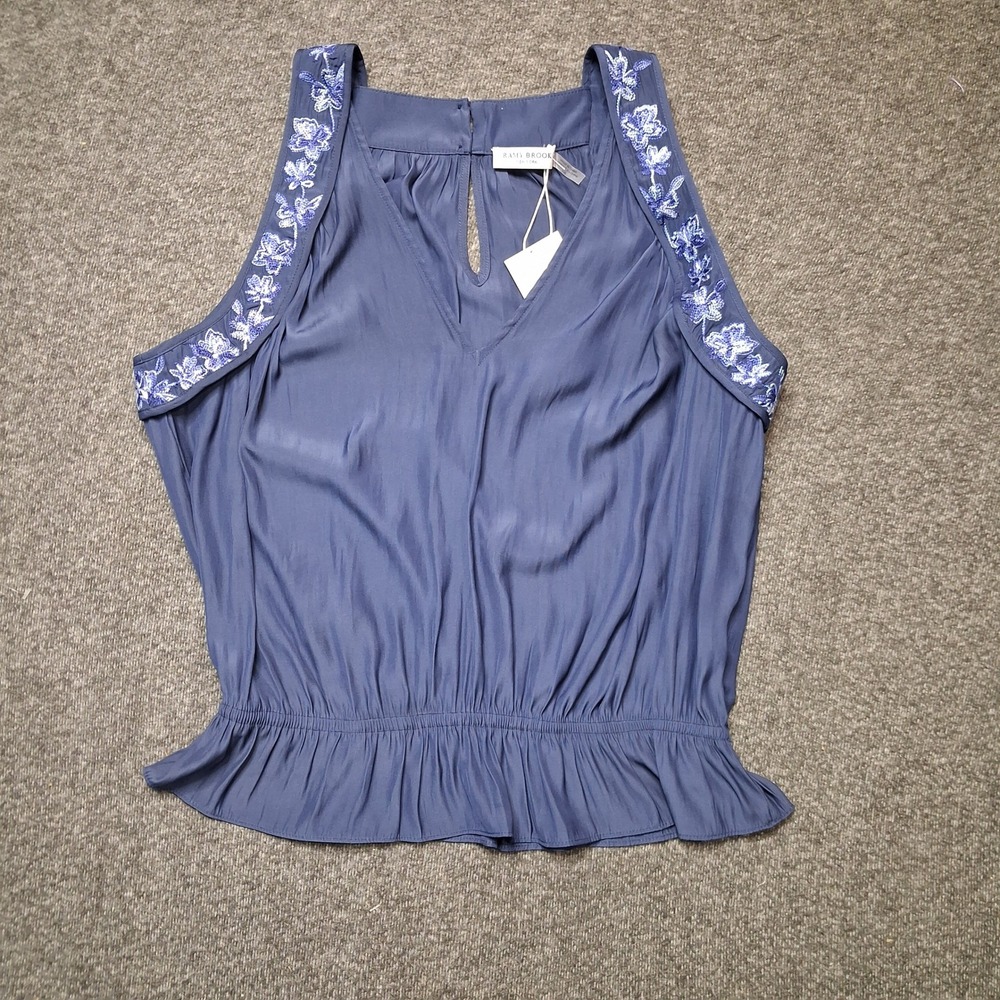 Ramy Brook Satin Blue Embroidered Sleeveless Smocked Peplum Top Large NWT - Picture 9 of 13